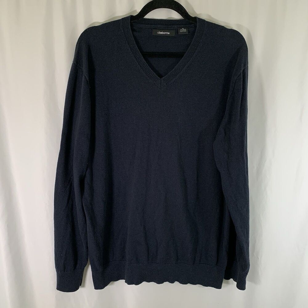 Claiborne Cashmere Blend Sweater Men's XL Navy Blue Vneck Long Sleeve Pullover